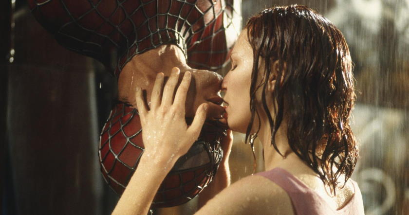 The iconic kiss between Mary Jane and an upside-down Spider-Man
